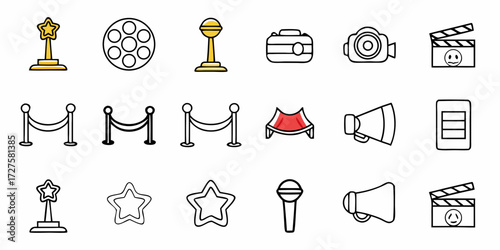 Icon Set Celebrating the Magic of Cinema and Hollywood Glamour, Perfect for Film Festivals, Movie Nights, and Entertainment Industry Events, originally a scalable vector graphic