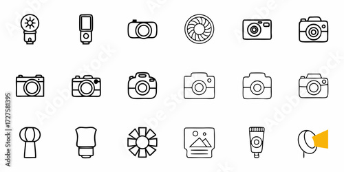 Explore a collection of photography gear icons, including cameras, lights, and lenses, perfect for designing websites, apps, or educational content about photography