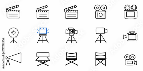 Capturing cinematic magic with iconic film production icons like clapperboards, vintage cameras, spotlights, and director chairs, perfect for media and entertainment projects
