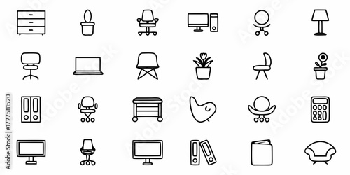 Discover a versatile collection of modern office and home decor icons perfect for professional presentations, website design, and creative projects, bringing stylish simplicity to your digital assets.