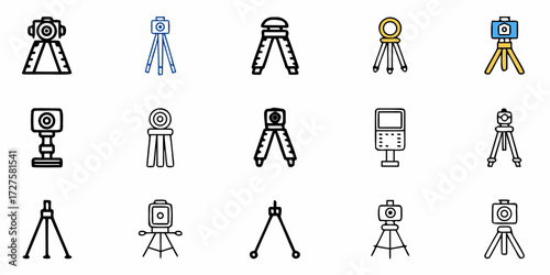 Diverse collection of surveying equipment icons, including theodolites, total stations, and tripods, representing precision measurement and construction projects.