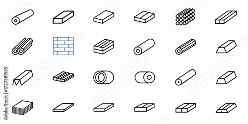 Discover a versatile collection of industrial material icons, featuring pipes, bars, logs, and building blocks, perfect for construction, manufacturing, and engineering projects.