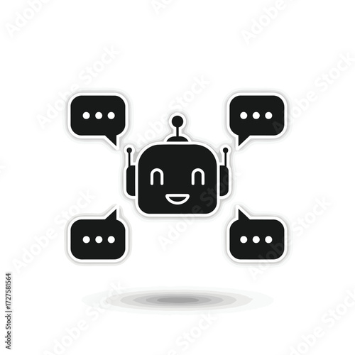 Vector art of a friendly robot head is surrounded by speech bubbles with ellipsis, suggesting communication and interaction