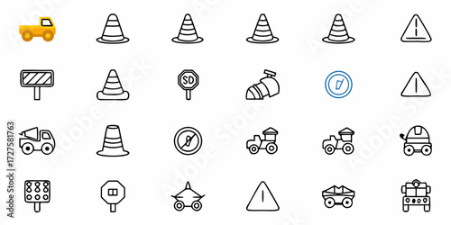 Dynamic collection of construction icons featuring trucks, cones, signs, and warning symbols for project planning and safety illustrations
