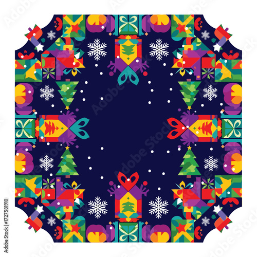 Vector art of festive christmas pattern with colorful gifts and snowflakes for holiday season celebration and decoration