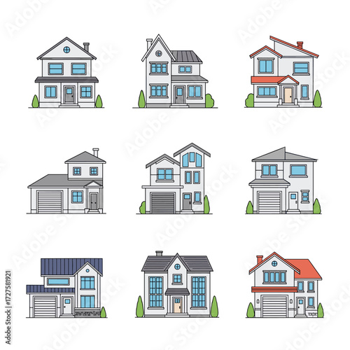 A collection of pixel art houses in different styles and colors.
