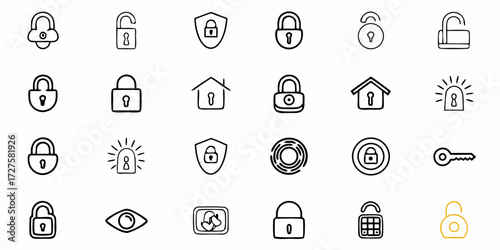 Secure your world with this collection of modern security icons featuring locks, keys, shields, and alarms, perfect for digital safety and protection concepts