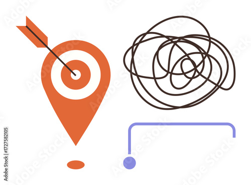 Target marker with arrow next to tangled line and path ending in a point. Ideal for goal setting, direction, organization, problem-solving, decision-making, focus, navigation. Simple flat metaphor