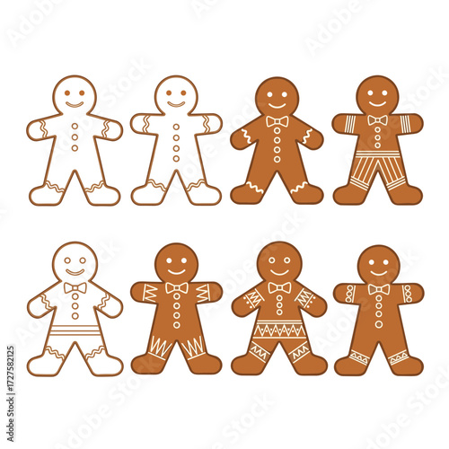 Eight gingerbread cookies in two rows with unique designs.