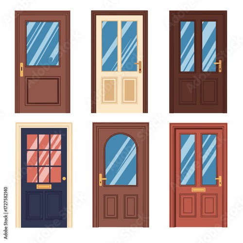 A collection of six different types of doors with glass panels.