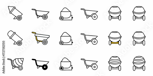 Essential construction tools including wheelbarrows and cement mixers, presented in a clean, modern icon set for diverse design projects and professional applications