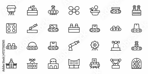 Collection of modern industrial and robotic icons symbolizing automation, manufacturing, and technological advancement for dynamic design projects.