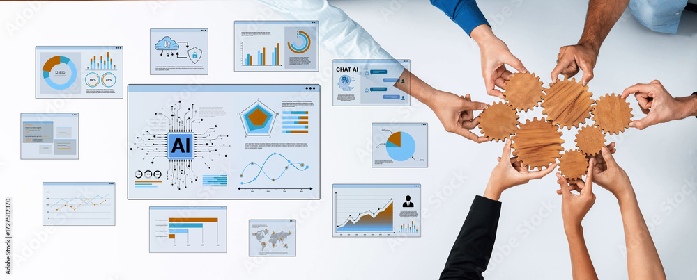 Obraz premium A diverse group collaborates on artificial intelligence strategies, highlighting data charts and gears, showcasing teamwork and innovation in a modern workspace. Trope