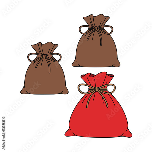 Three simple drawstring bags in different sizes and colors.