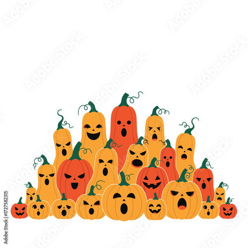 A fun collection of spooky carved pumpkins ready for Halloween night.