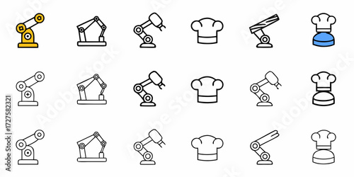 Discover dynamic line art icons showcasing industrial robotic arms and chef hats, perfect for innovation, manufacturing, and culinary themes, offering versatile design elements for modern projects.