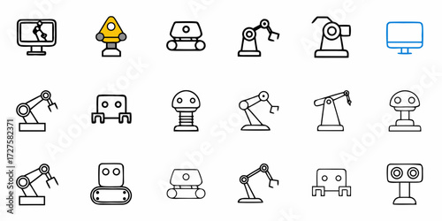 Modern robotic arms and futuristic automation icons representing industrial innovation, advanced manufacturing, and intelligent technology solutions for dynamic business growth