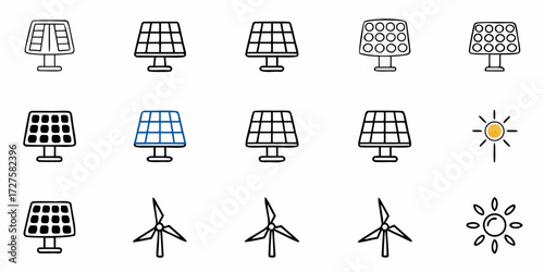Dynamic collection of clean energy icons featuring solar panels, wind turbines, and sun symbols for innovative environmental projects and sustainable technology concepts