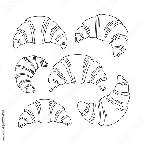 Collection of delicious crescent-shaped pastry illustrations.