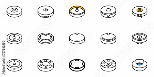 Collection of modern robotic vacuum cleaner icons showcasing diverse designs and functionalities for smart home technology and automated cleaning solutions