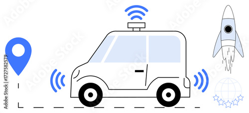 Self-driving car with GPS marker, wireless signals, and a rocket launch representing innovation and global connectivity. Ideal for automation, innovation, technology, navigation, transportation