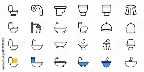 Collection of modern bathroom icons including toilets, bathtubs, showers, and sinks perfect for home renovation, interior design, and hygiene product branding projects.