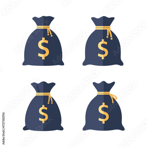 Four bags of money with dollar signs on a white background.