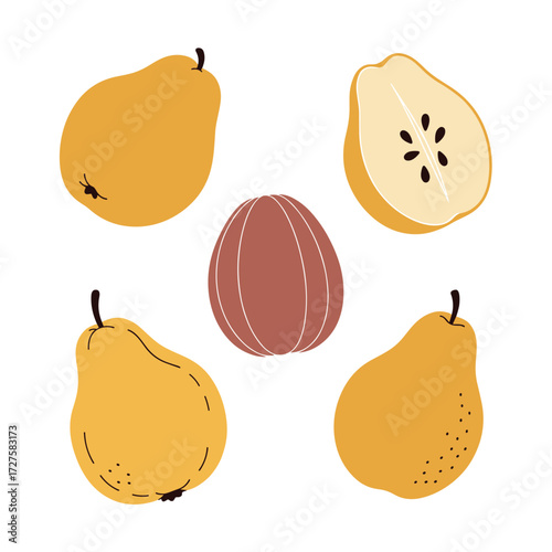 A collection of fresh yellow pears and one reddish-brown fruit.