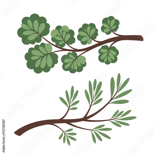 Two decorative tree branches with green leaves for your design.