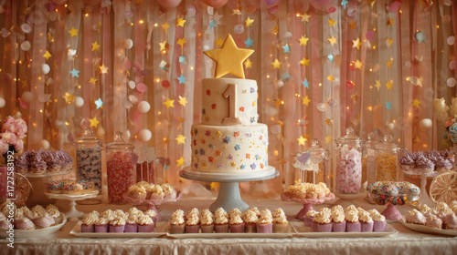 A table with birthday desserts and a circular cake with a star on top and the number 1, confetti and candles