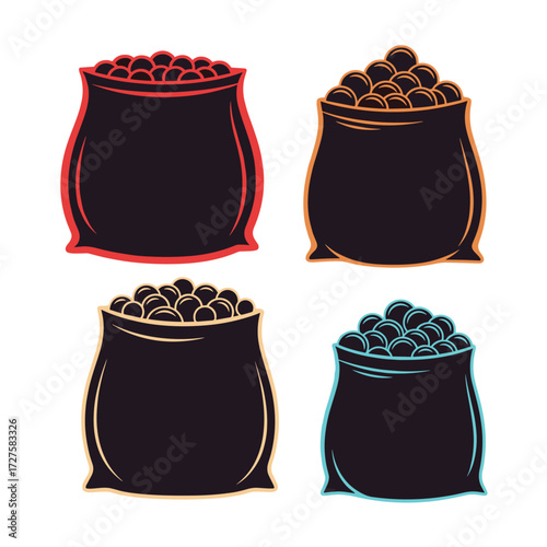Four pixel art sacks filled with round items.