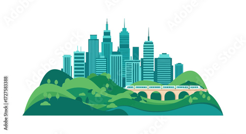 A modern cityscape with a train crossing a bridge over green hills, symbolizing sustainable urban development and transportation
