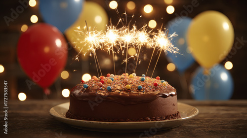 Beautiful image of a chocolate birthday cake with bright candles and red, blue, and yellow balloons. Happy birthday. Parties and celebrations