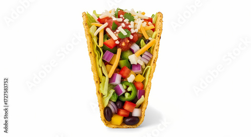 Taco with fresh ingredients in bright studio lighting on white background for food advertising