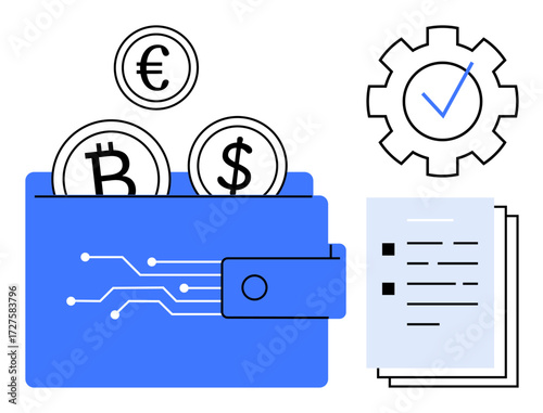 Digital wallet with bitcoin, dollar, euro coins, checklist, and gear with checkmark. Ideal for cryptocurrency, finance, digital transactions fintech blockchain settings planning. A simple flat