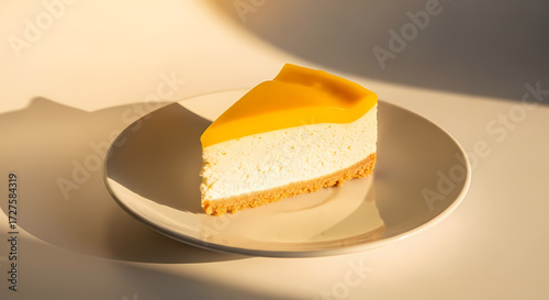 Cheesecake slice with mango topping on white plate in warm golden hour lighting for dessert advertising