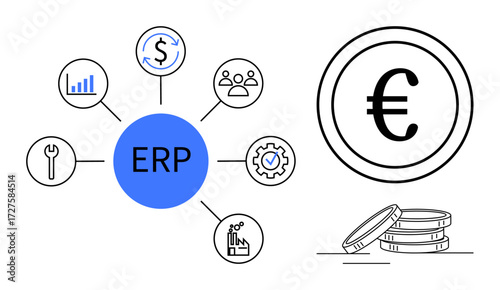 Central ERP node with surrounding icons analytics, currency, teamwork, tools, production, gear. Euro sign with stacked coins. Ideal for business management, process optimization digital