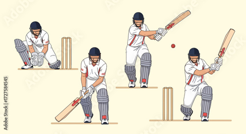 A sequence of illustrations depicts a cricket player in various actions, including batting, wicketkeeping, and preparing to hit the ball, set against a neutral background with wicket stumps