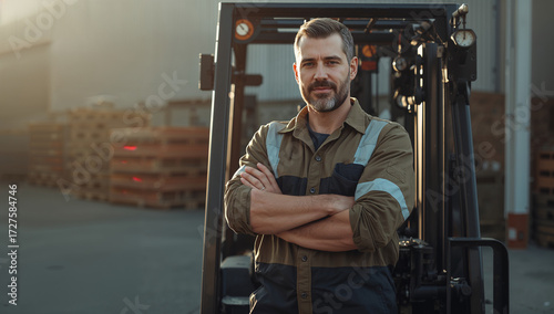 Male forklift driver standing in front of his forklift with his arms crossed and wearing work clothes generative AI