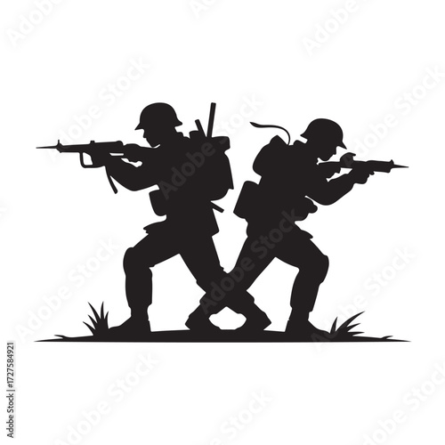 Two soldiers in silhouette aiming rifles in a defensive stance on a battlefield silhouette