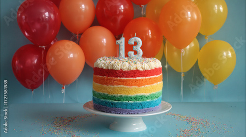 Beautiful image of a creative rainbow cake with a 13-shaped candle surrounded by colorful balloons in the background. Happy birthday. Parties and celebrations