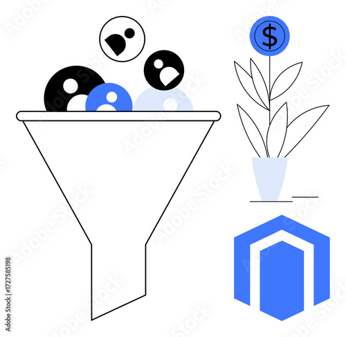 Funnel filters customer icons, dollar sign grows on plant, folded design suggests conversion stages. Ideal for marketing, sales, analytics, strategy, growth customer acquisition conversion. Simple