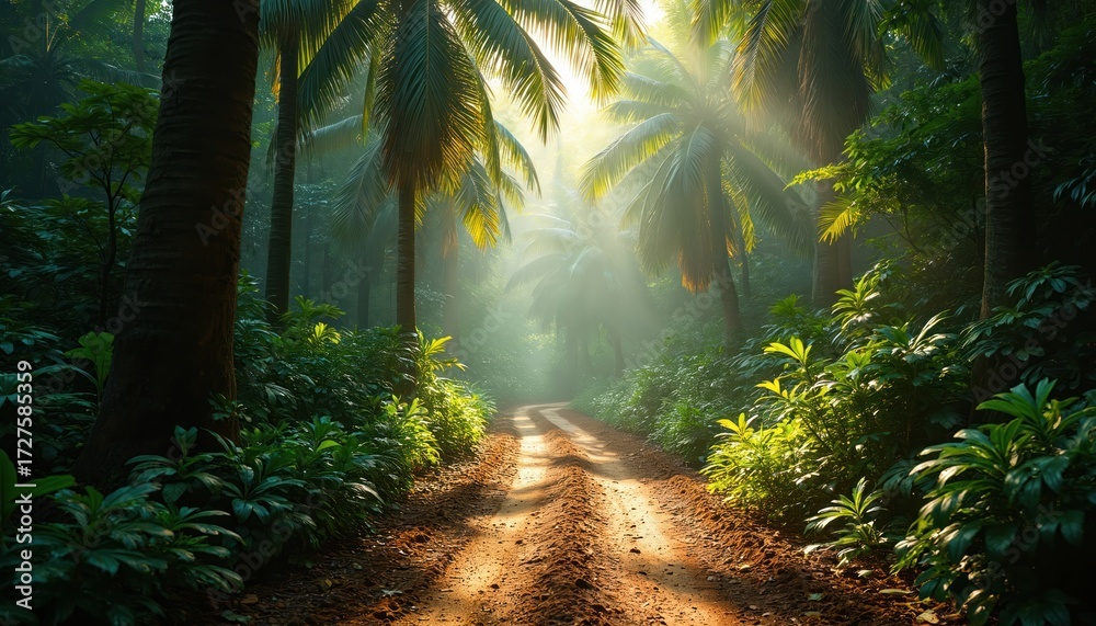 Fototapeta premium Sunlight beams through dense palm trees onto a dirt road in a rich jungle. Rich green foliage lines the path, creating a serene tropical atmosphere. Mist hangs in the air.