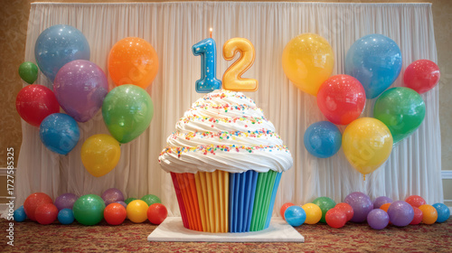 Beautiful image of a giant cupcake-style birthday cake with colorful “12” shaped candles and vibrantly colored party balloons
