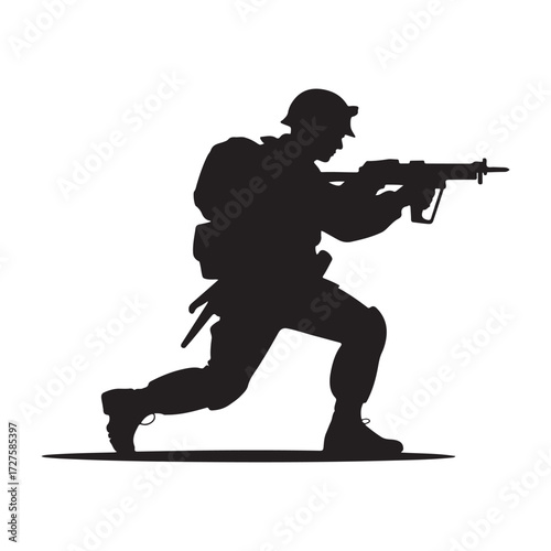 A soldier in uniform in a dynamic pose holding a rifle silhouette