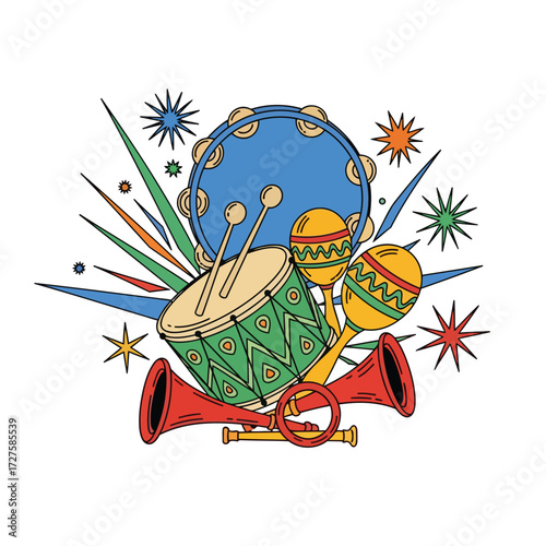 Vector art of a vibrant illustration of musical instruments, featuring a drum, tambourine, maracas, and trumpets in a festive arrangement