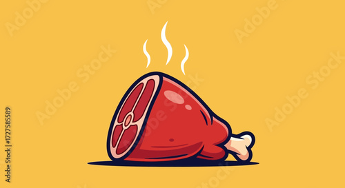 A juicy, raw cut of meat with a bone, emitting steam, presented on a vibrant yellow background