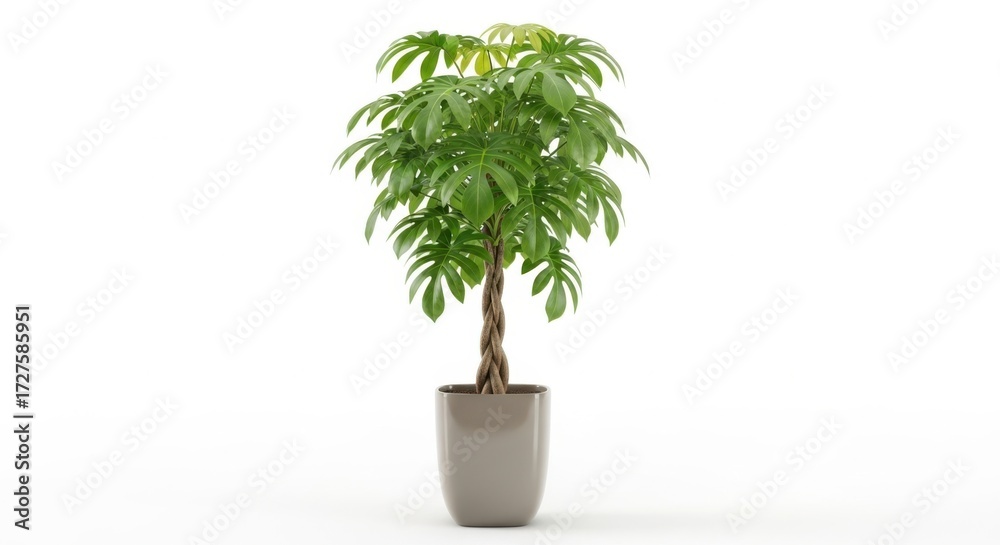 Obraz premium A healthy green potted money tree with a braided trunk, isolated on white background