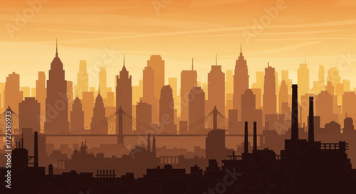 A sprawling industrial cityscape silhouette against a warm, textured orange sky at dawn or dusk, featuring numerous skyscrapers and factory chimneys