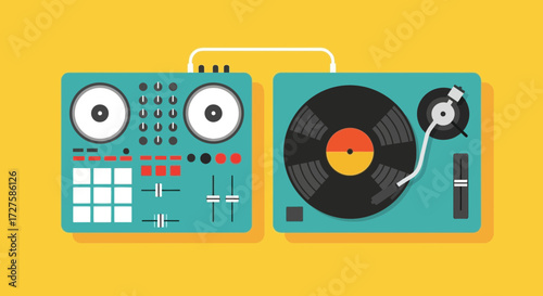 A vibrant flat illustration showcases a teal dj controller and turntable set against a bright yellow background, evoking a sense of energetic music and entertainment